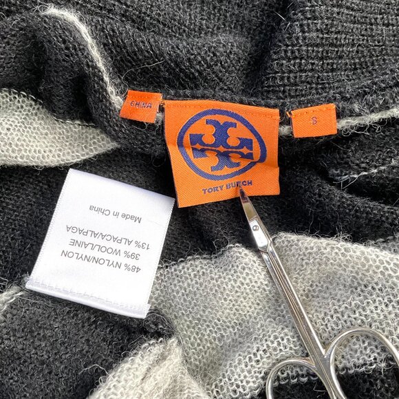 Tory Burch Sweater Cardigan Wool Alpaca Blend Stripe Long Black Gray (S) - Picture 5 of 7